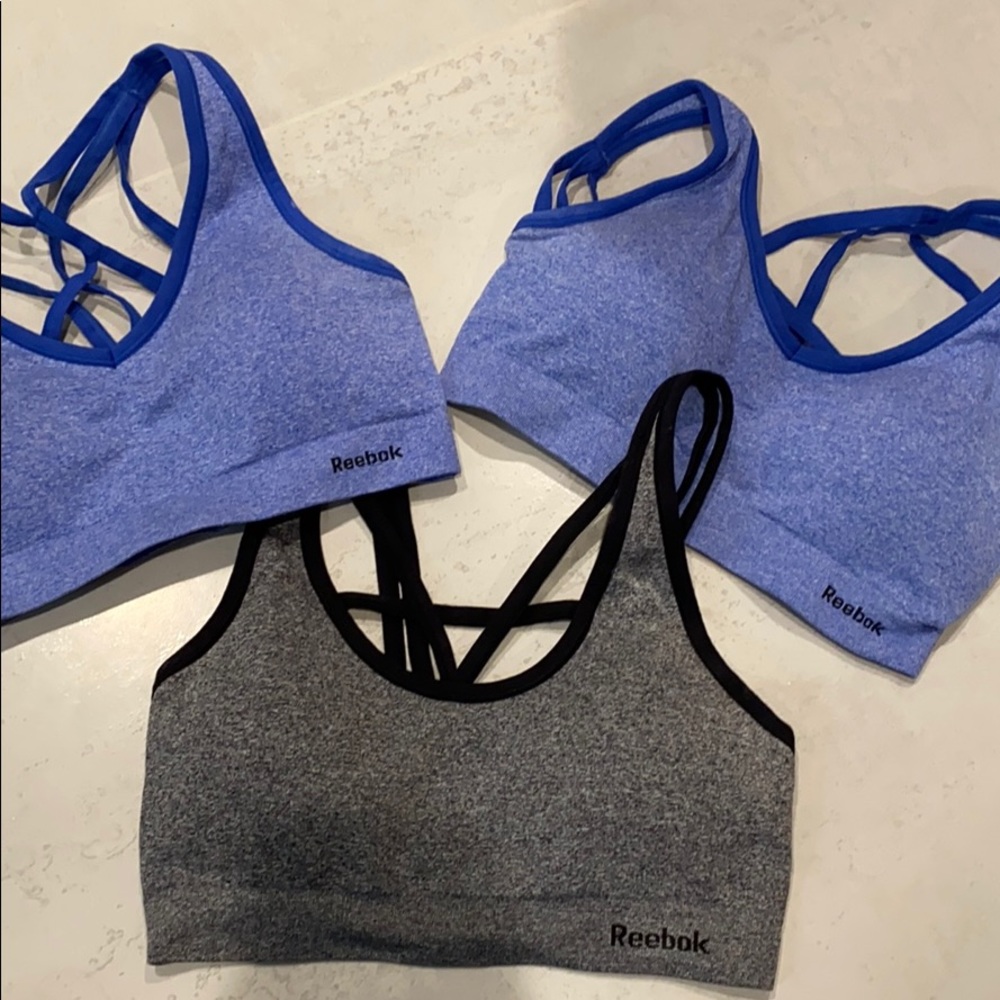 3 Reebok Sports Bras - 2 blue, 1 black - Picture 1 of 5